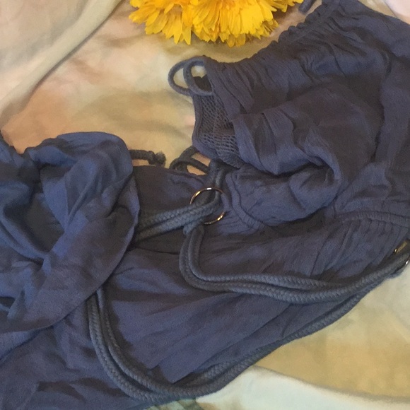 Indigo Blue Belted Netting Inset Short Romper - Picture 6 of 9